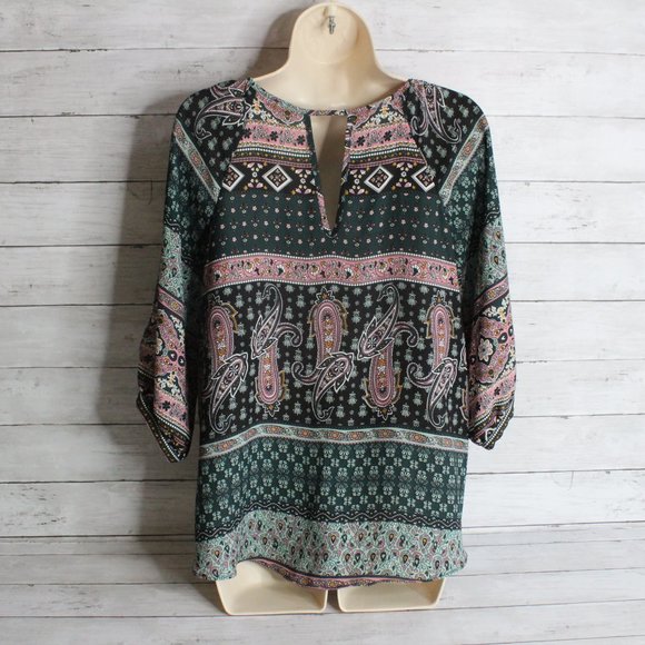 BCX Women's Boho Top Size M Green Pink Floral 3/4 Sleeves - Picture 7 of 7